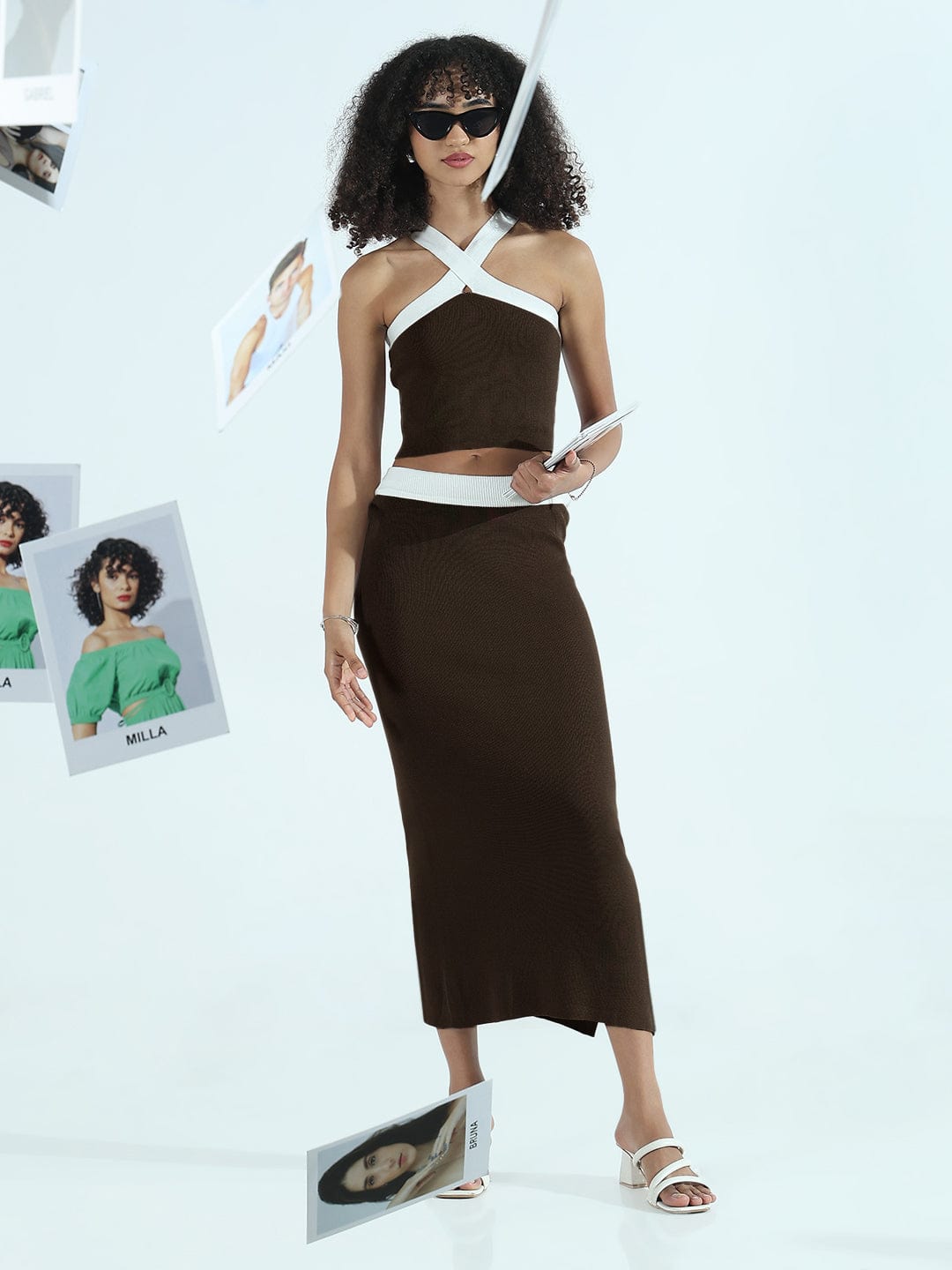 Women's Ribbed Brown Halter Neck Top with Maxi Skirt Co-ords Set