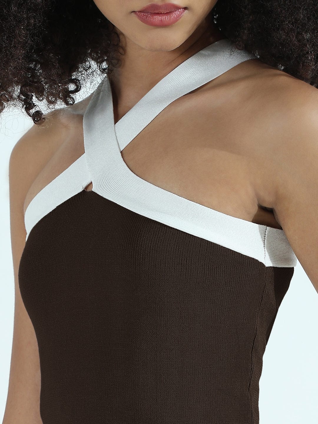 Women's Ribbed Brown Halter Neck Top with Maxi Skirt Co-ords Set