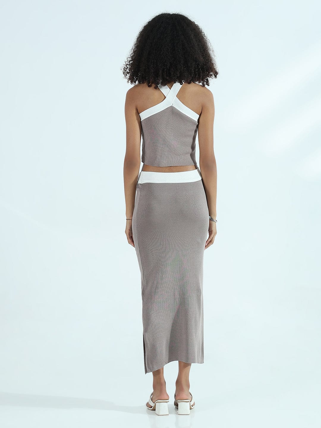 Women's Ribbed Grey Halter Neck Top with Maxi Skirt Co-ords Set