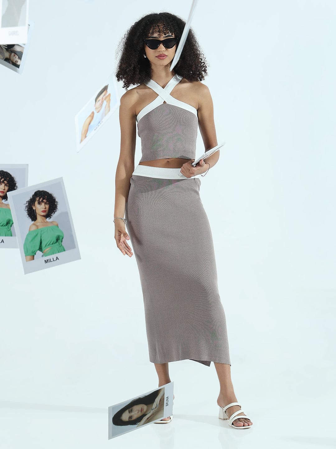 Women's Ribbed Grey Halter Neck Top with Maxi Skirt Co-ords Set