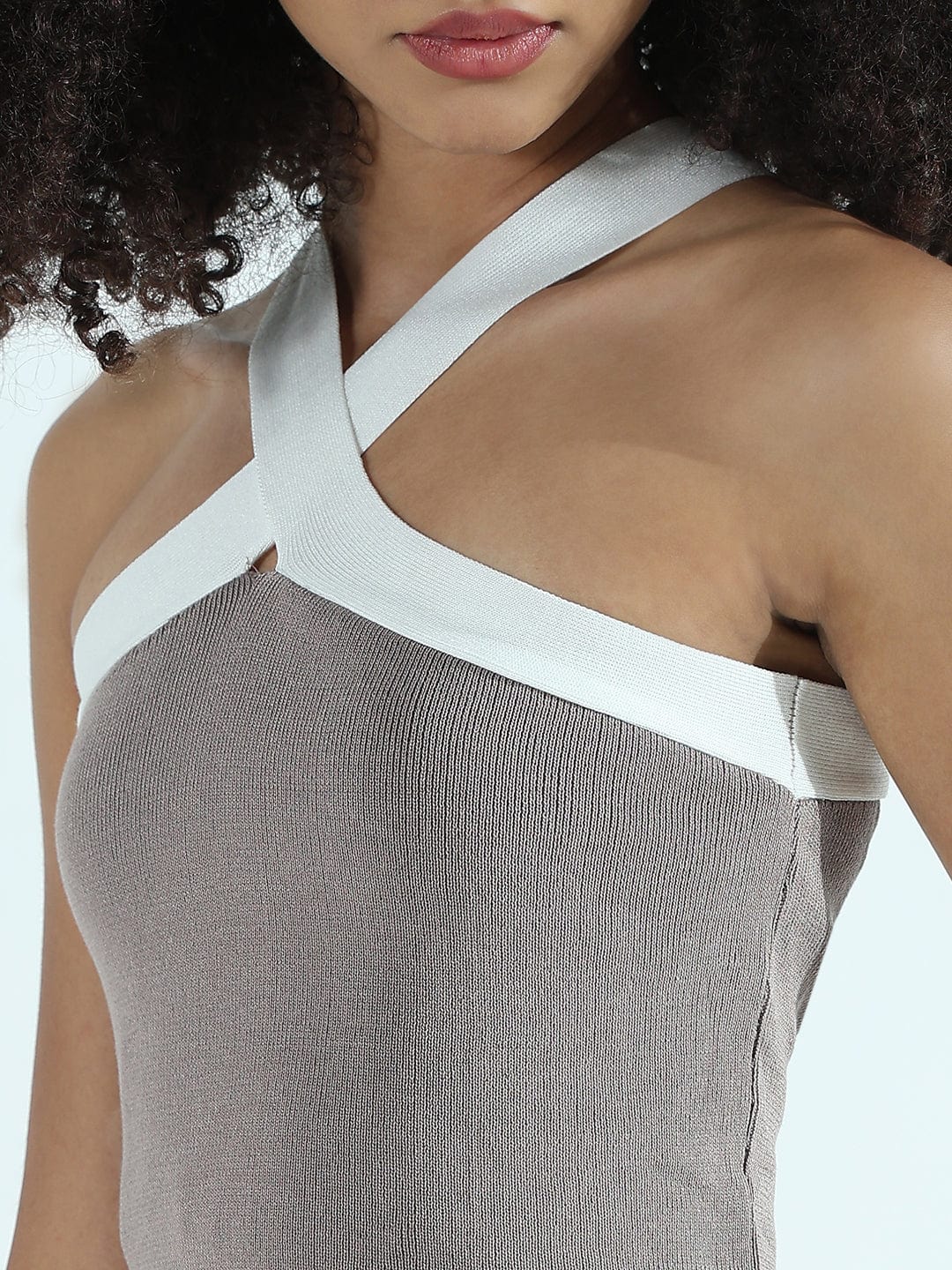 Women's Ribbed Grey Halter Neck Top with Maxi Skirt Co-ords Set