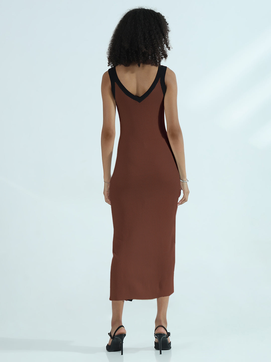Women's Ribbed Brown V-Neck Sleevless Dress with Front Slit and Contrast Trim Detail
