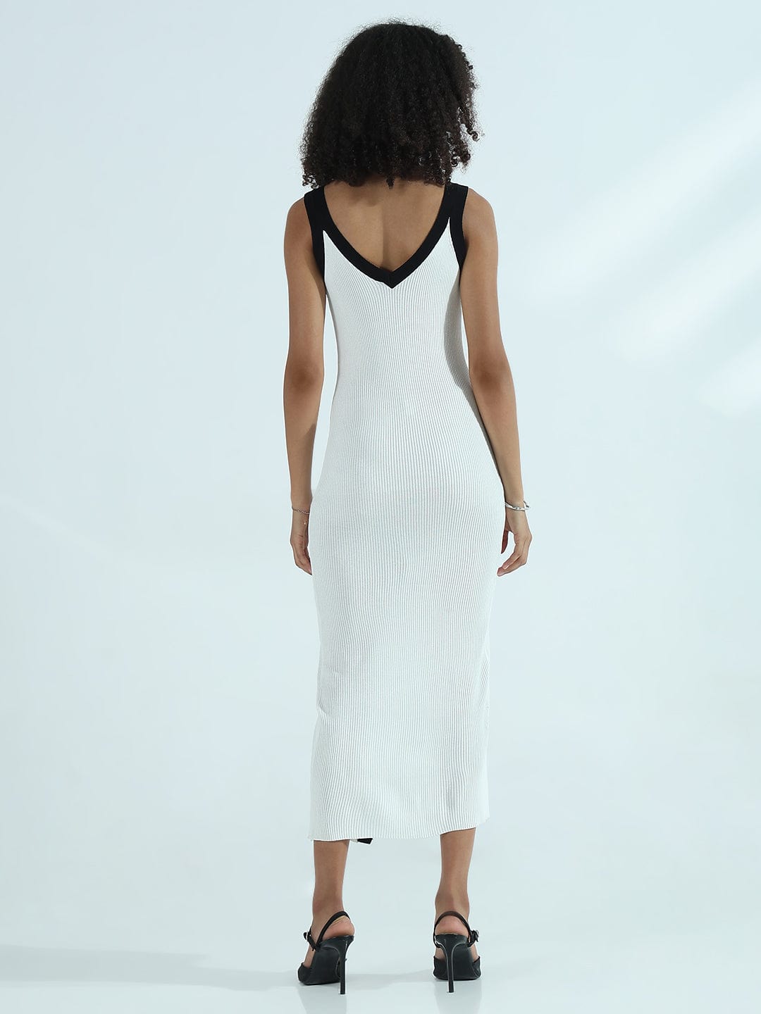 Women's Ribbed White V-Neck Dress with Front Slit
