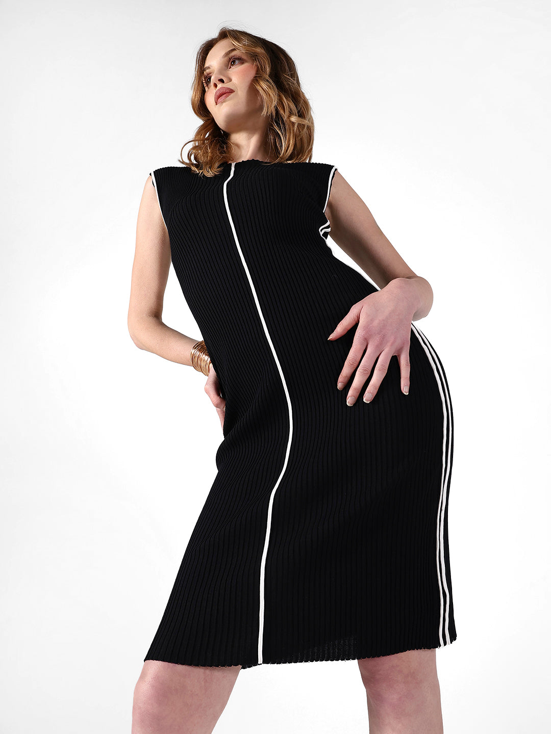 Women's Black Midi Dress with Contrast White Piping