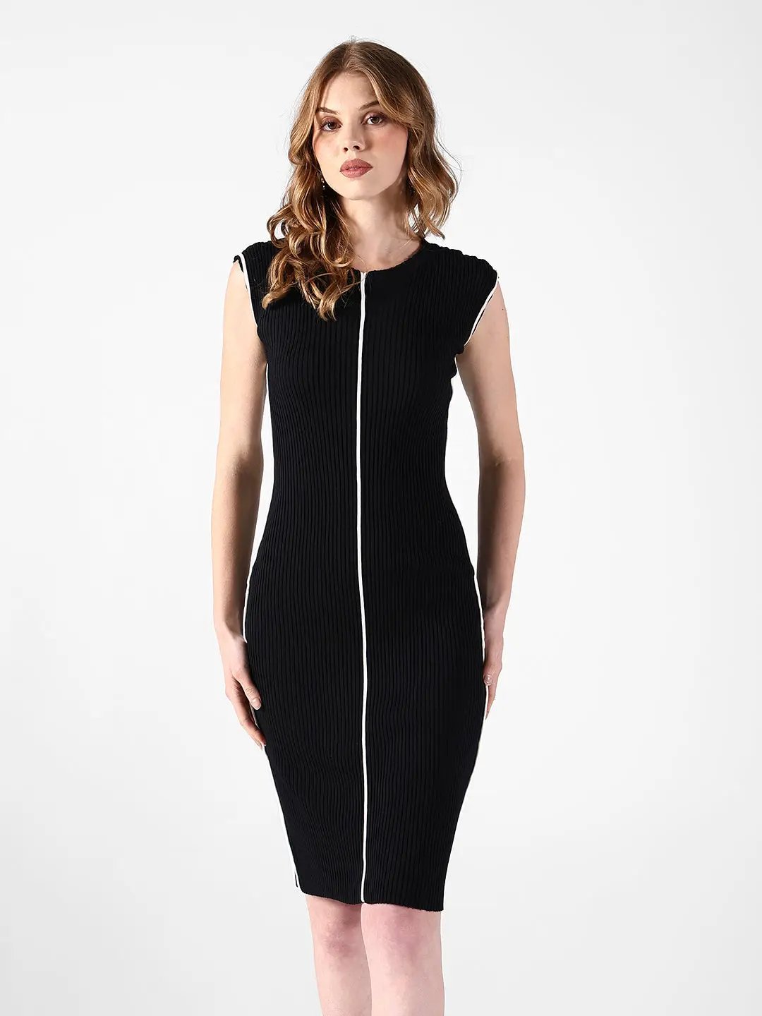 Shop Women's Black Midi Dress with Contrast White Piping| Showoffff Shop Women's Black Midi Dress with Contrast White Piping| Showoffff