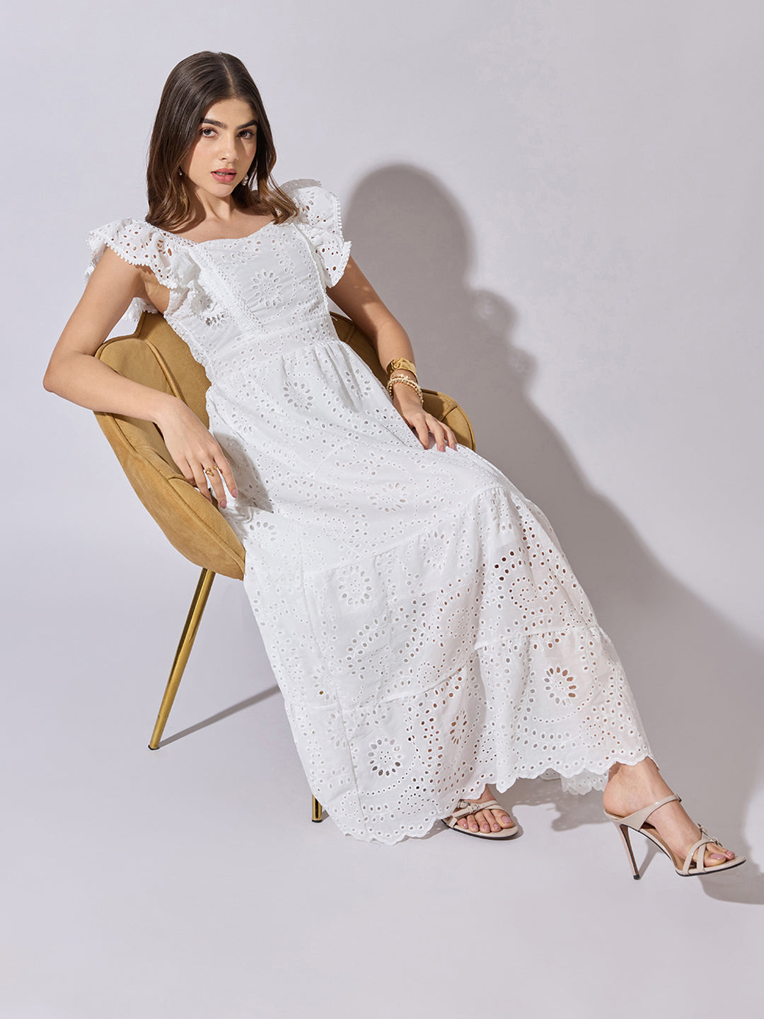 Women's White Schiffli Lace Tiered Maxi Dress