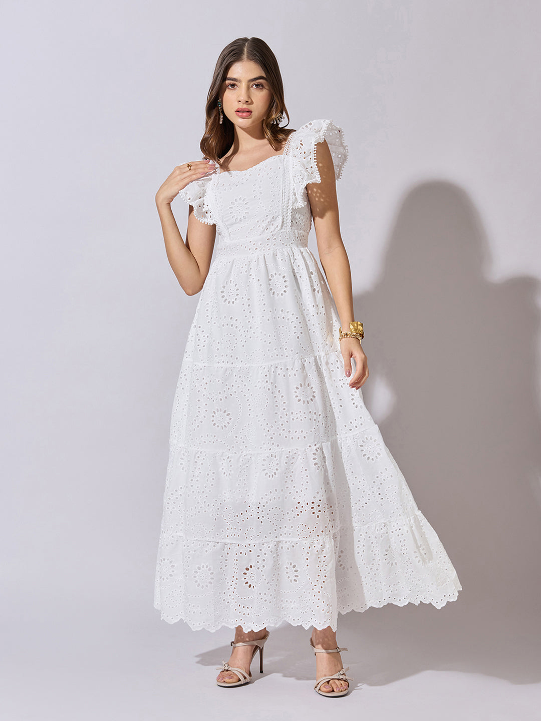 Women's White Schiffli Lace Tiered Maxi Dress