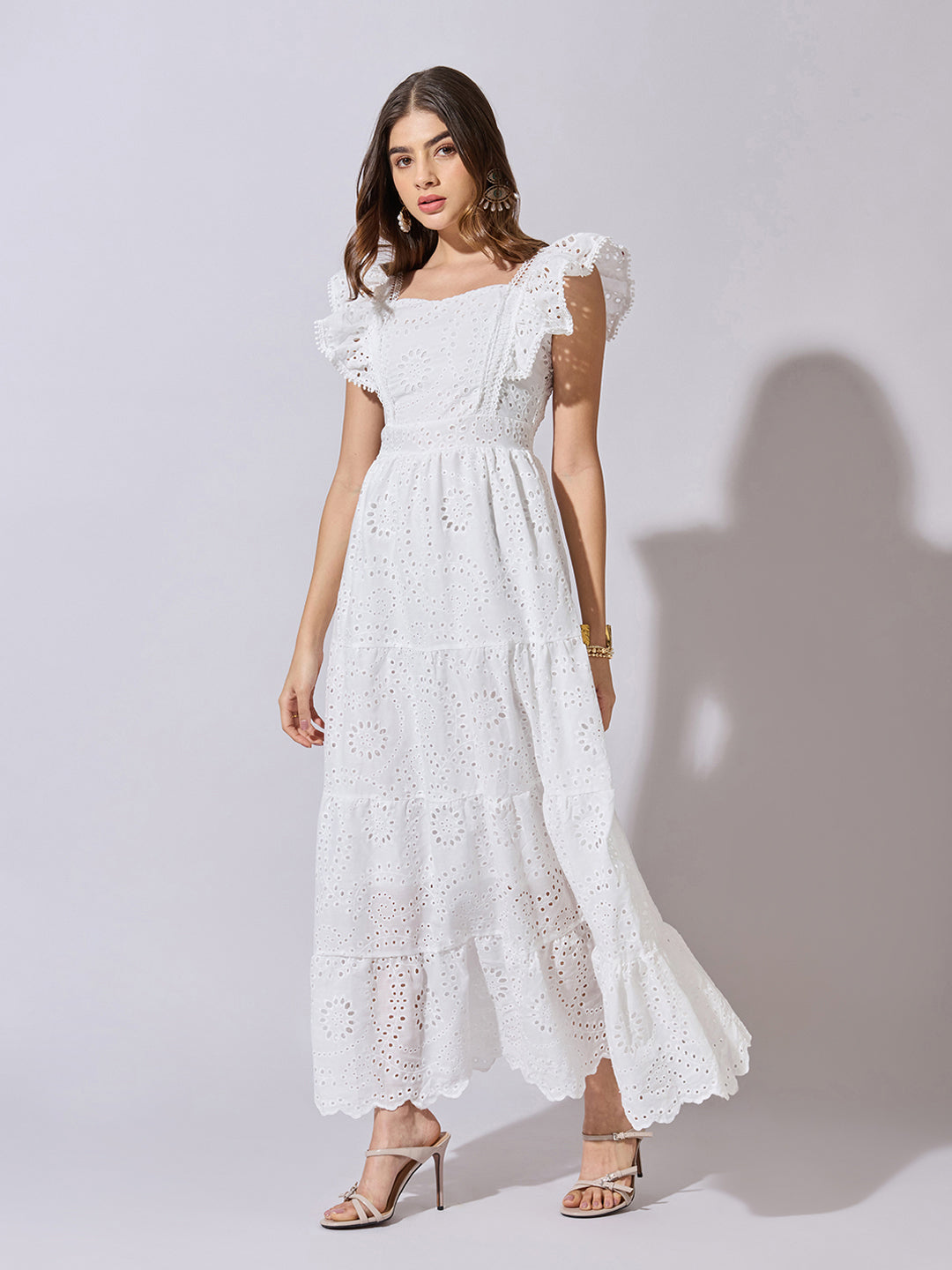 Women's White Schiffli Lace Tiered Maxi Dress