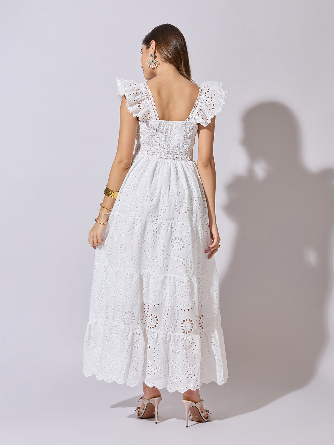 Women's White Schiffli Lace Tiered Maxi Dress