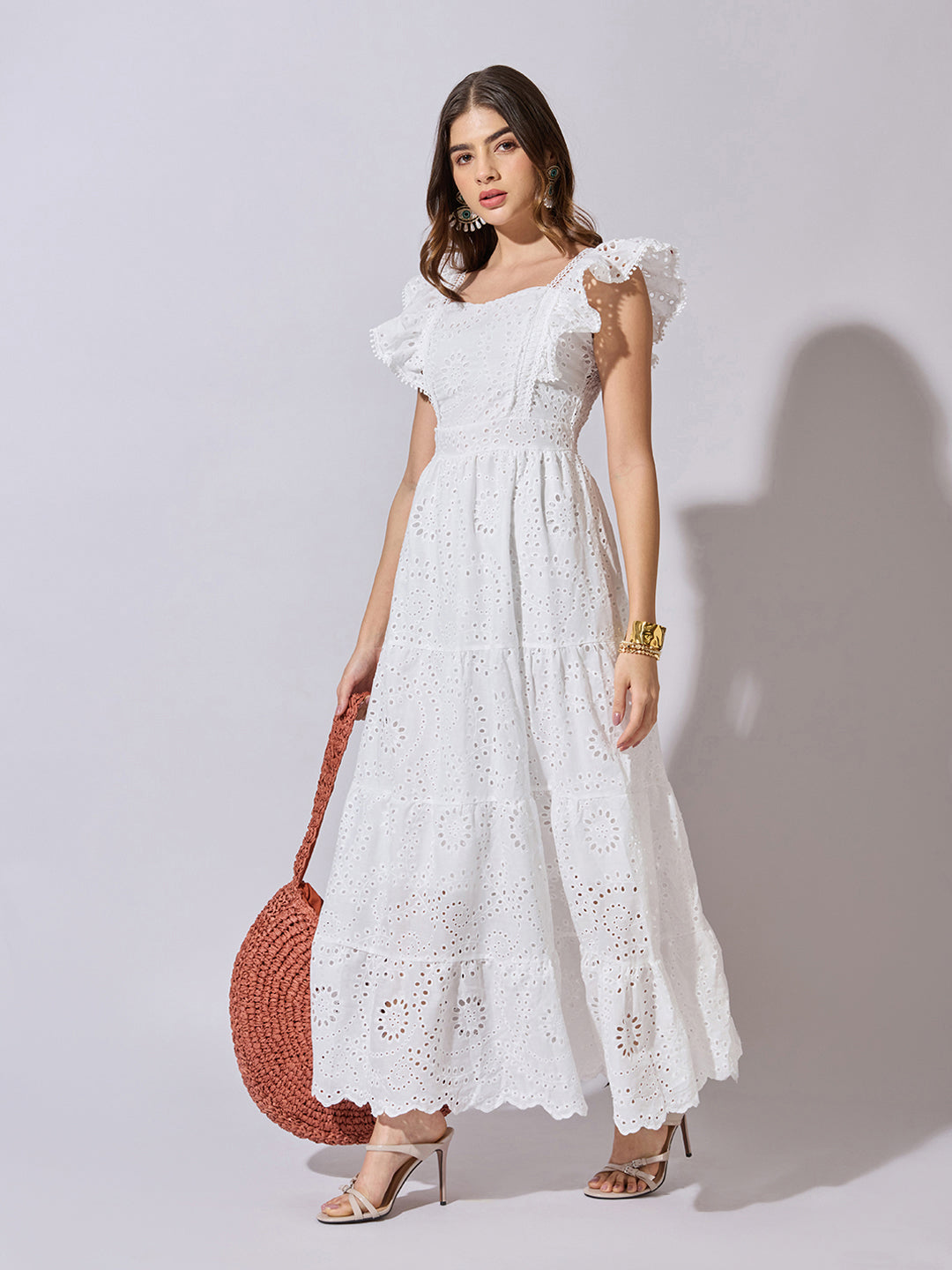 Women's White Schiffli Lace Tiered Maxi Dress