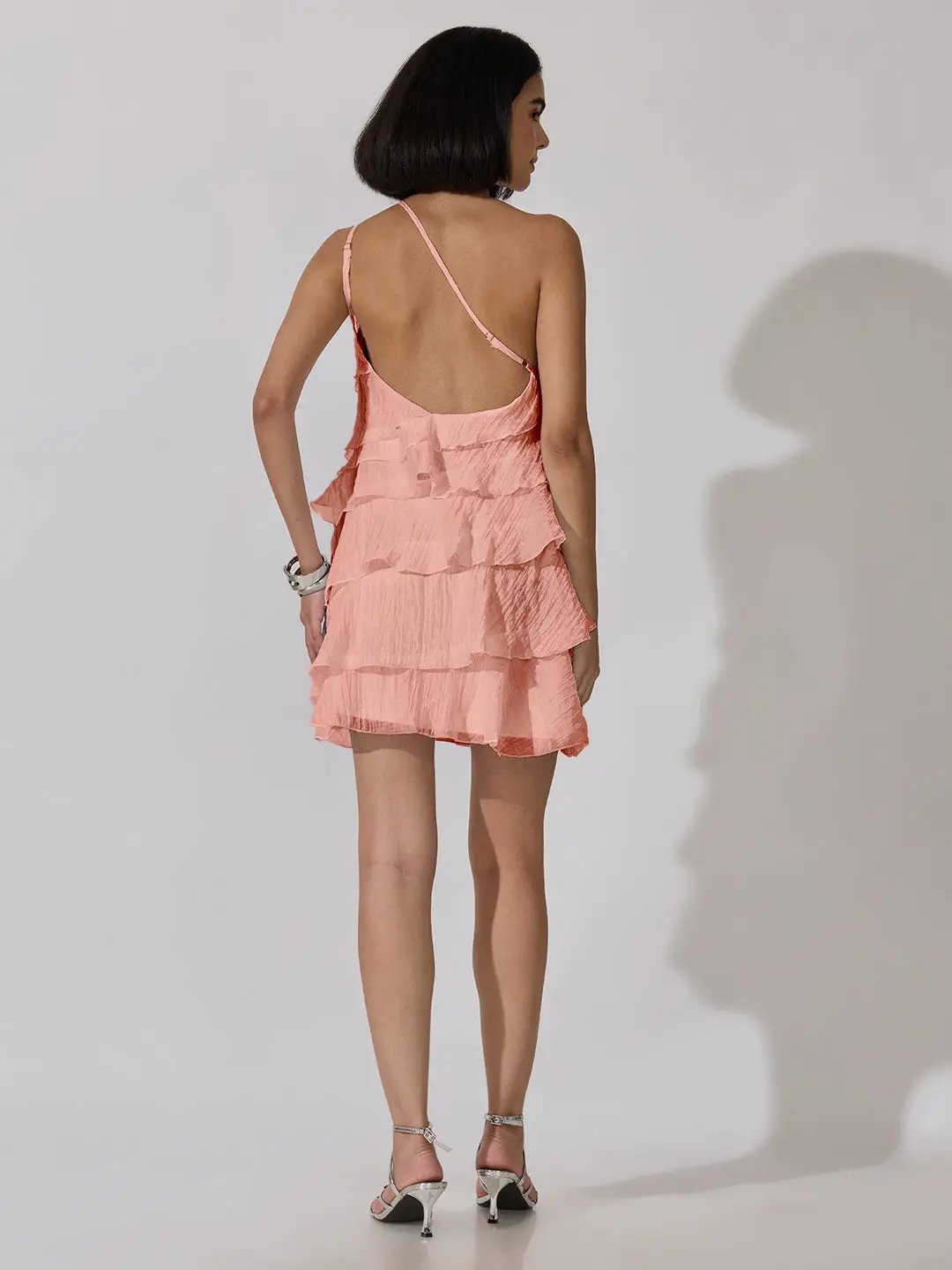 Women's Peach One-Shoulder Ruffle Layered Mini Dress - from SHOWOFFFF