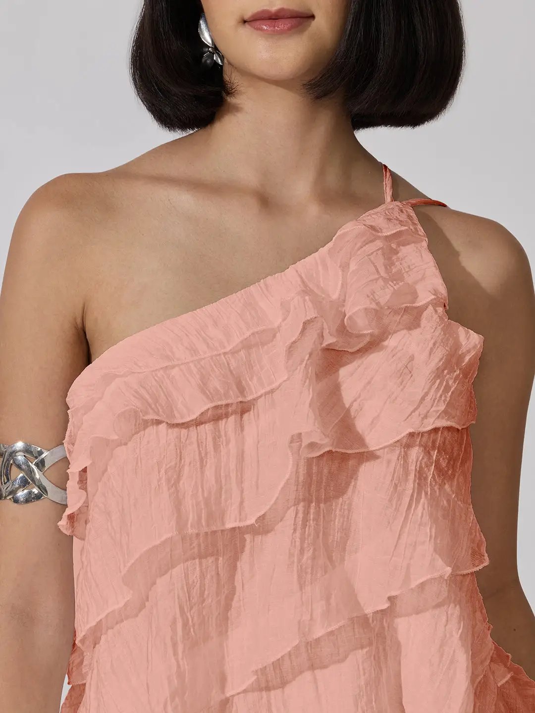 Women's Peach One-Shoulder Ruffle Layered Mini Dress - from SHOWOFFFF