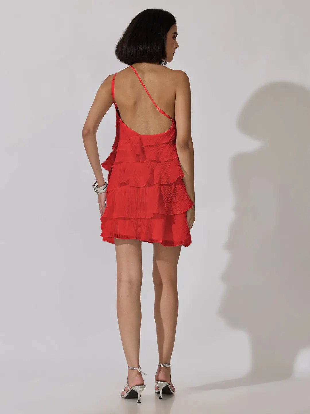 Women's Red One-Shoulder Ruffle Layered Mini Dress - from SHOWOFFFF