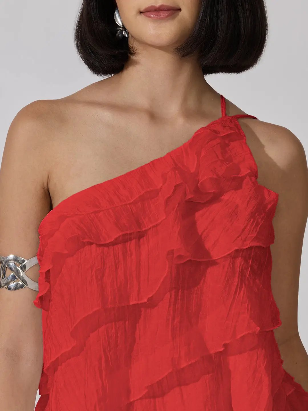 Women's Red One-Shoulder Ruffle Layered Mini Dress - from SHOWOFFFF