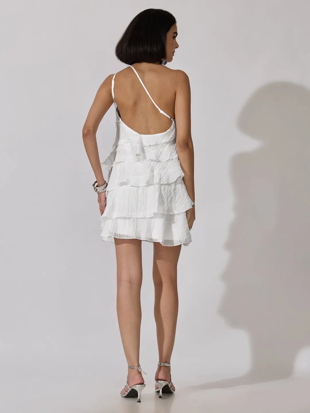 Women's White One-Shoulder Ruffle Layered Mini Dress