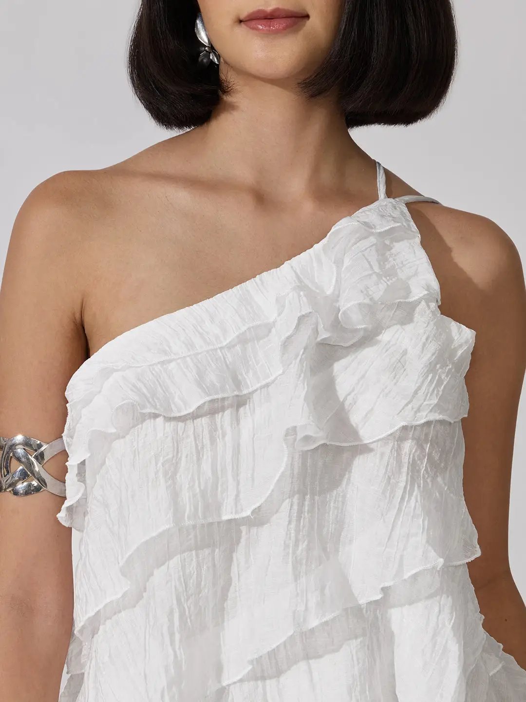 Women's White One-Shoulder Ruffle Layered Mini Dress