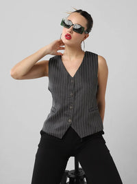Women's Grey V-Neck Pinstriped Vest Top