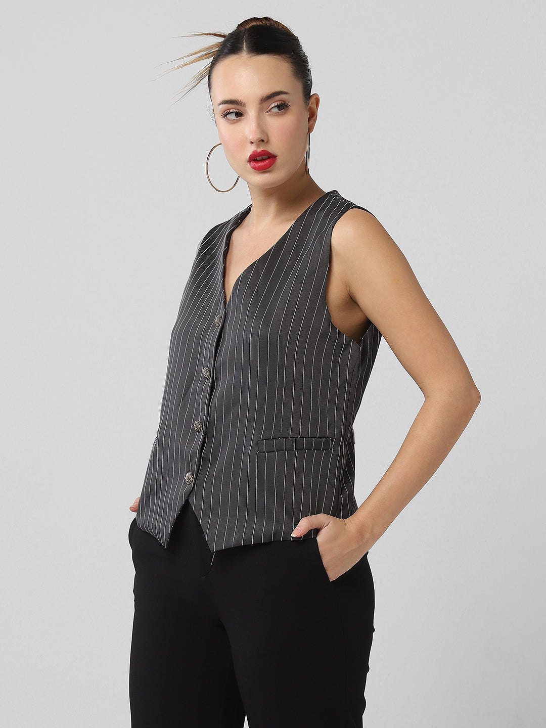 Women Grey Striped Vest Top