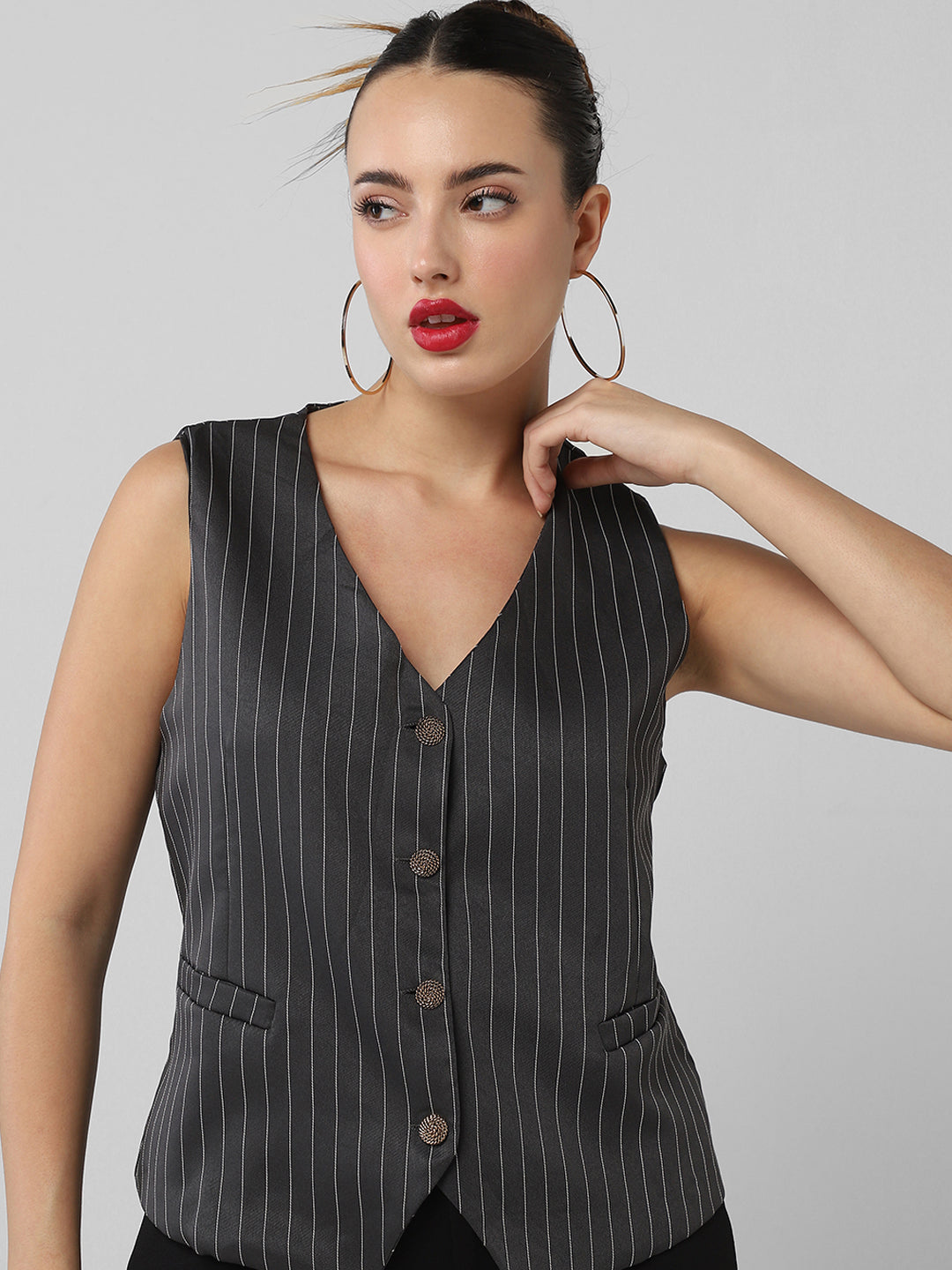 Women Grey Striped Vest Top