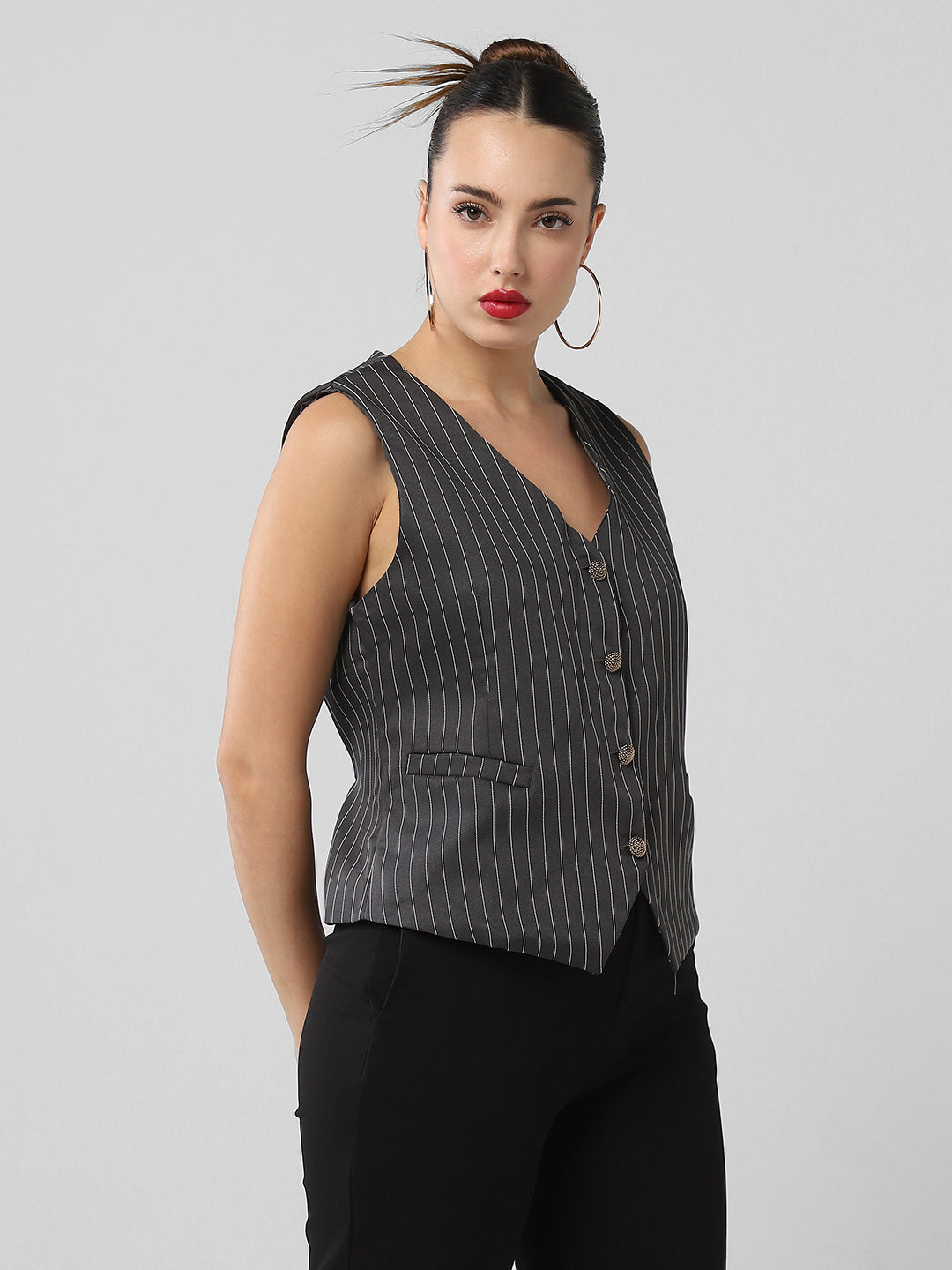 Women Grey Striped Vest Top