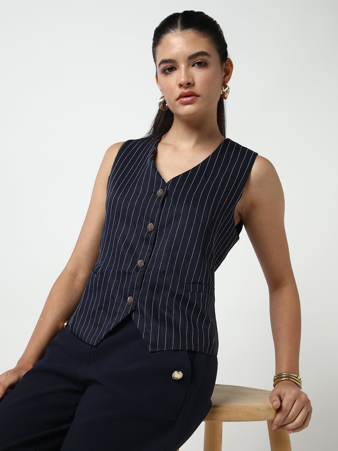 Women Navy Blue Striped Vest Top