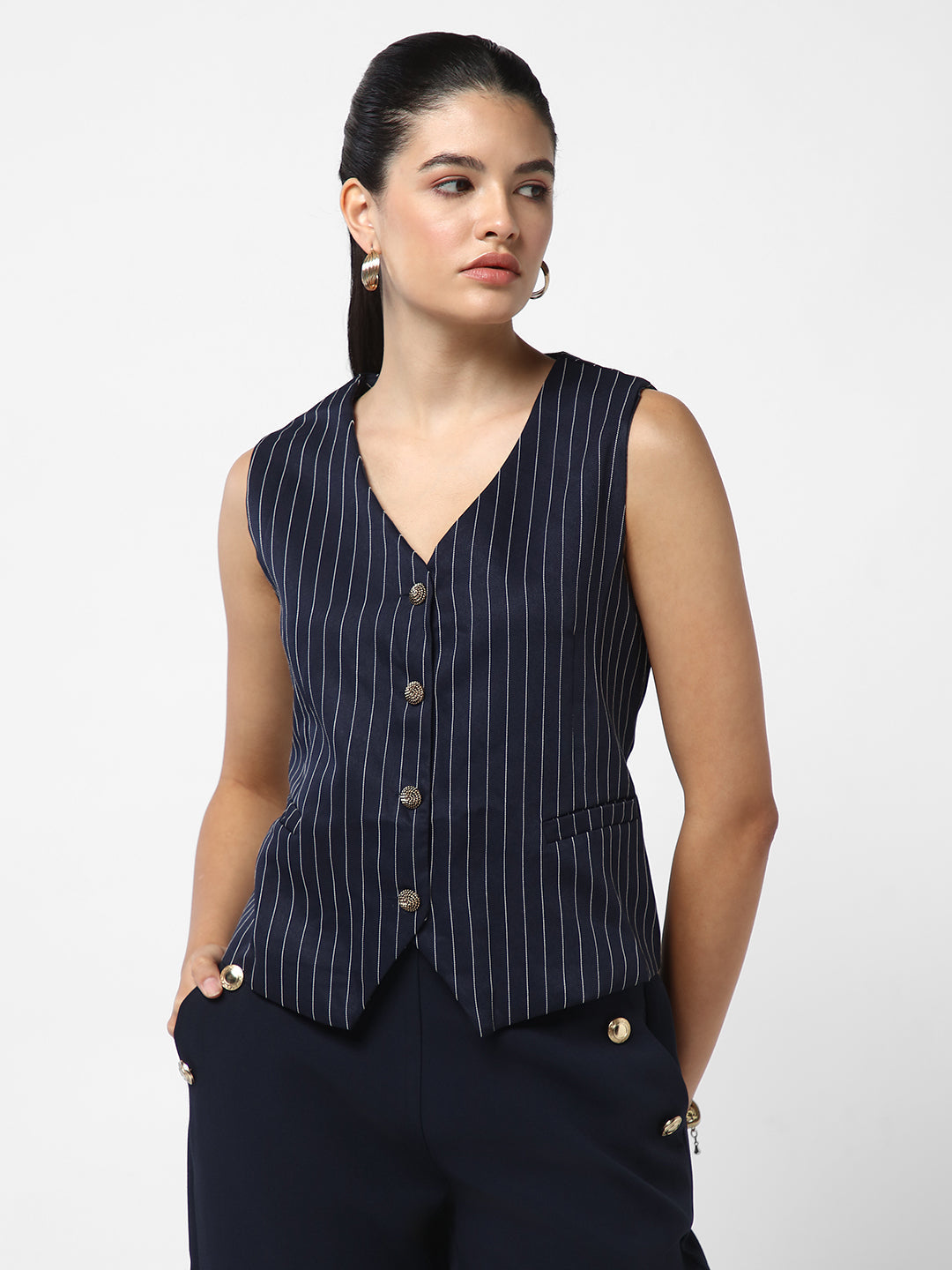 Women Navy Blue Striped Vest Top