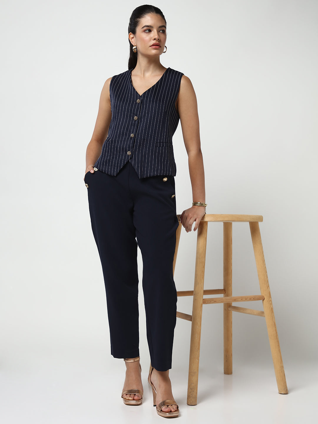 Women's Navy Blue Vertical Stripes Striped Regular Top