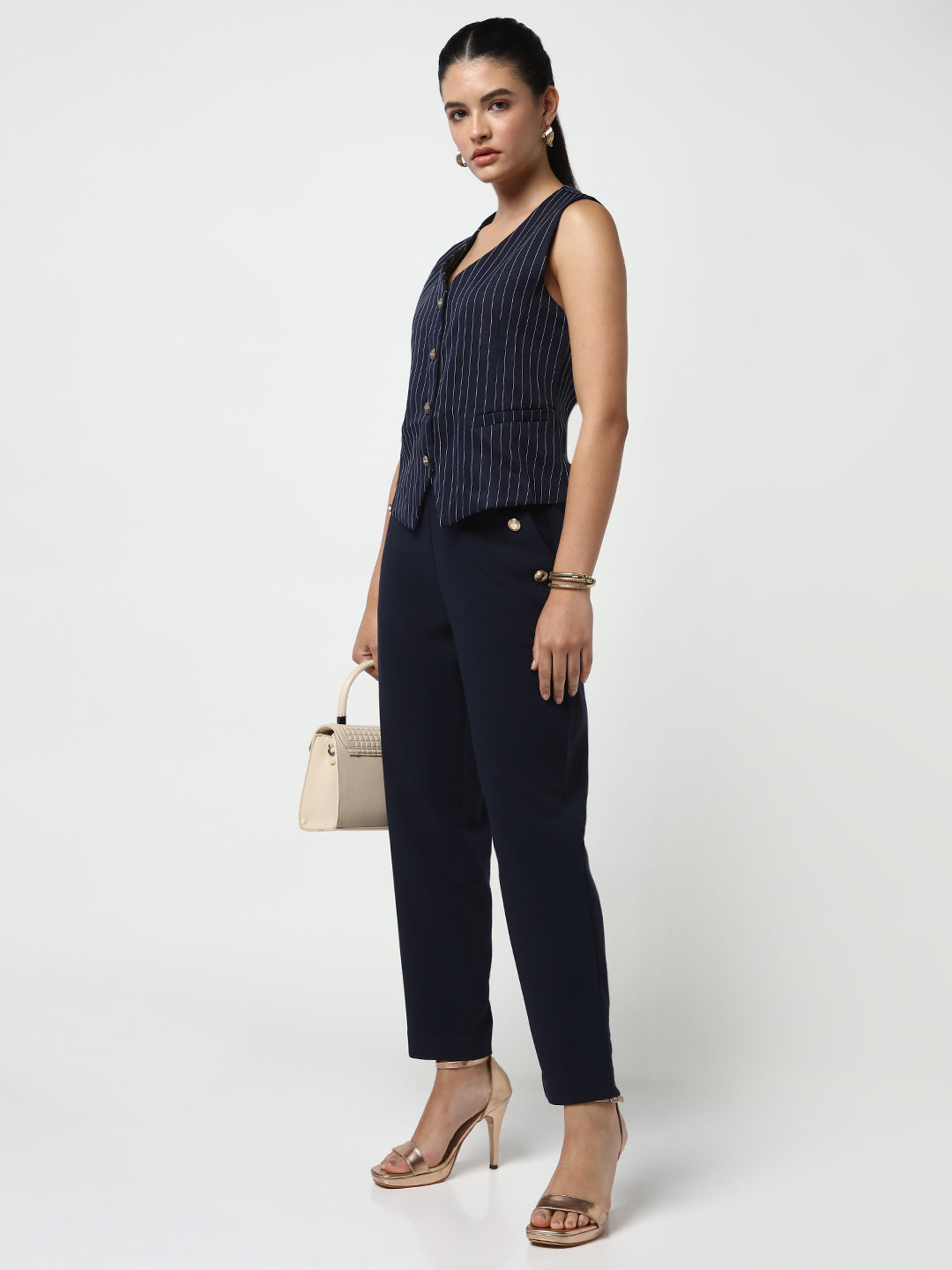 Women's Navy Blue Vertical Stripes Striped Regular Top