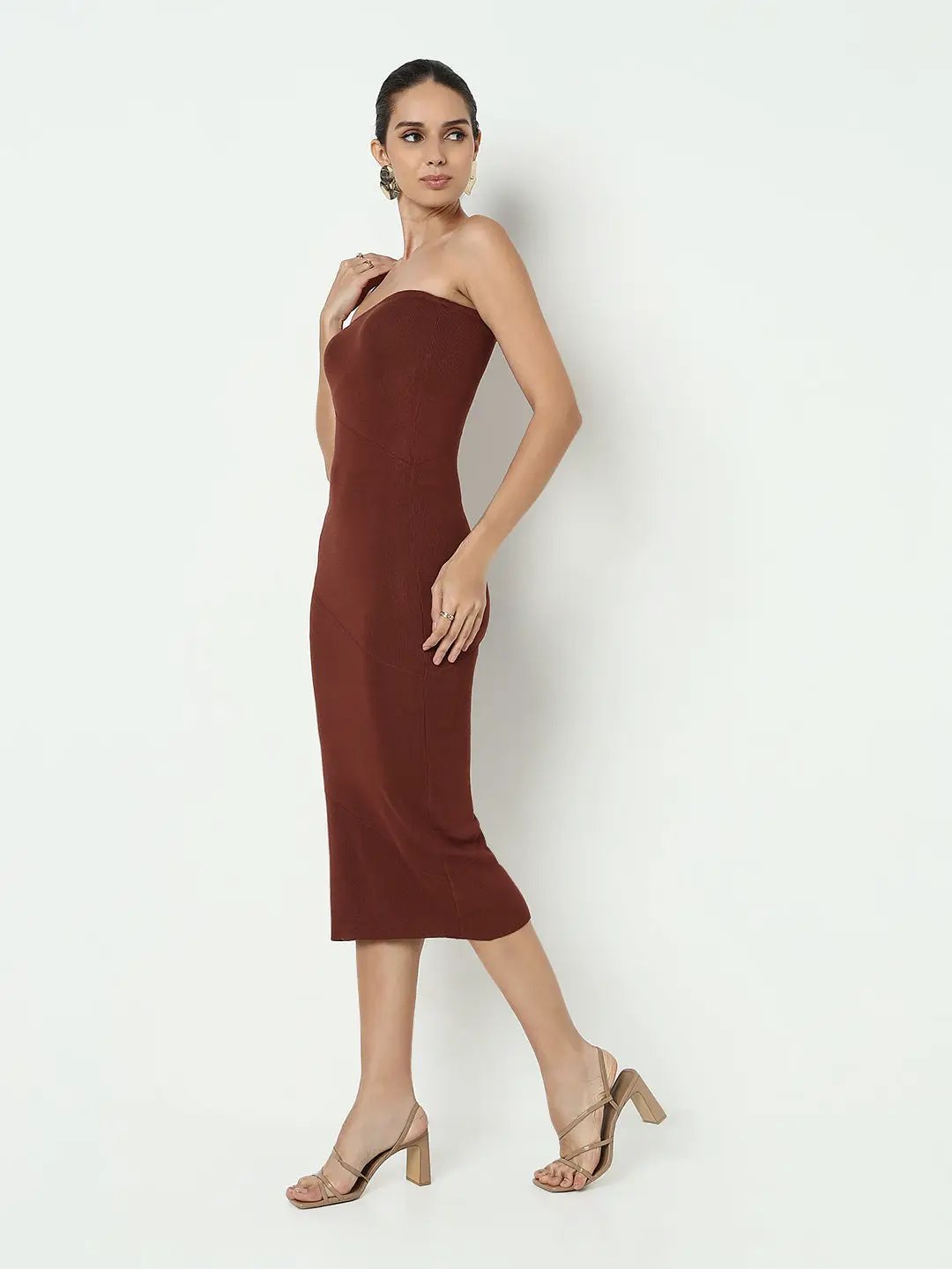 Women's Ribbed Brown Strapless Bodycon Dress - from SHOWOFFFF