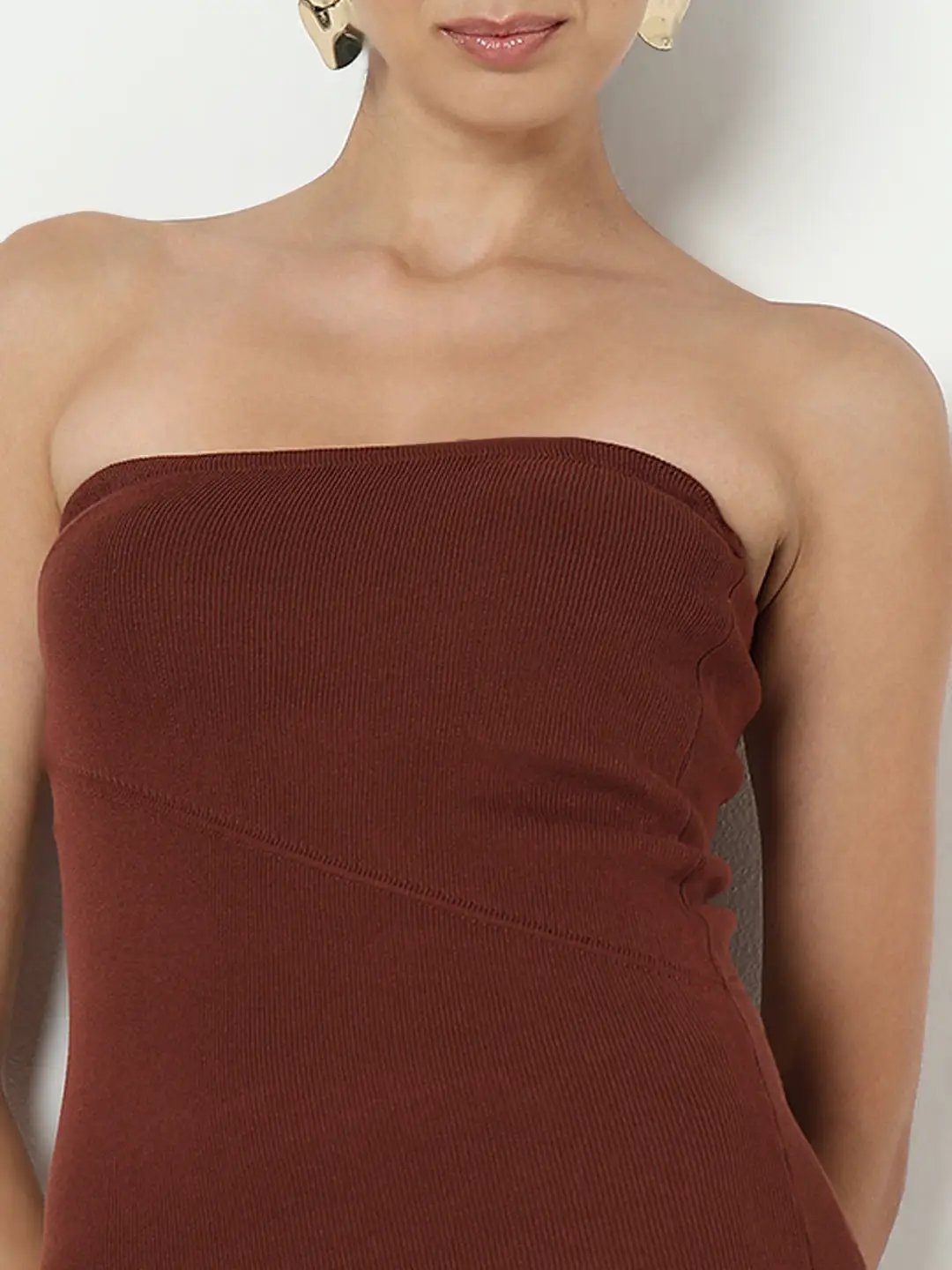 Women's Ribbed Brown Strapless Bodycon Dress - from SHOWOFFFF