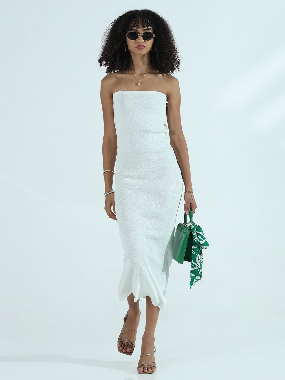 Women's Ribbed White Strapless Bodycon Dress