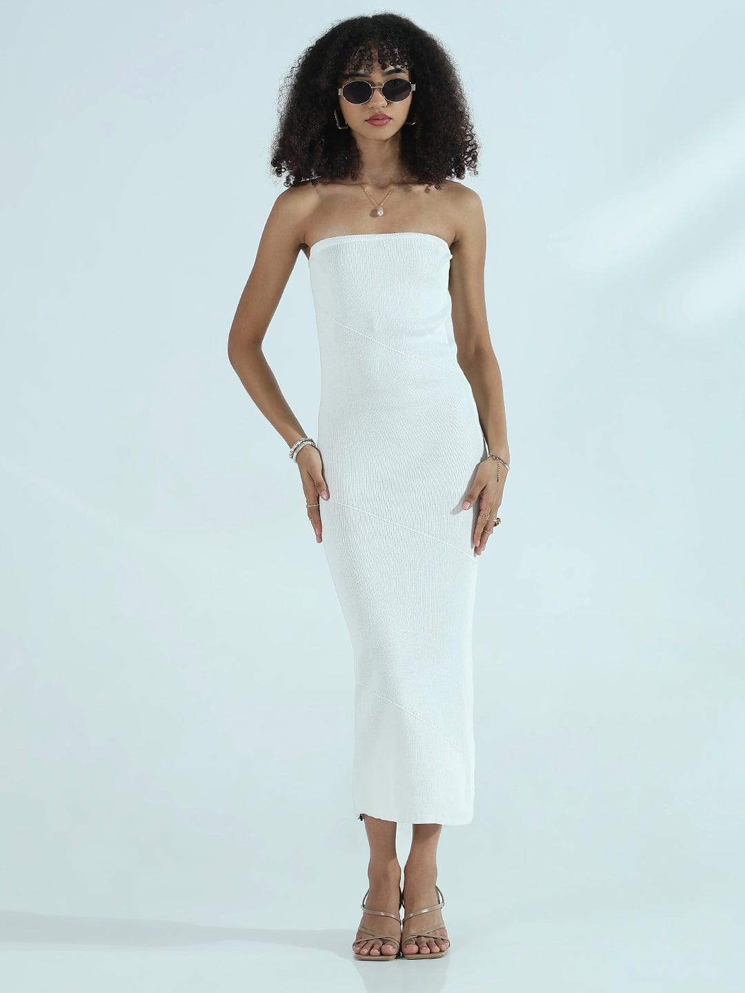 Women's Ribbed White Strapless Bodycon Dress