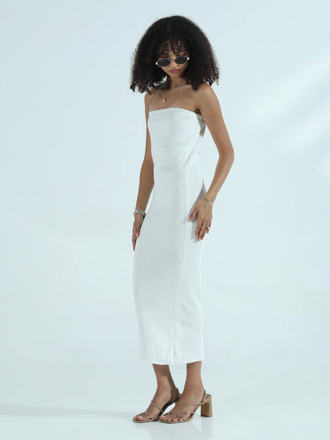 Women's Ribbed White Strapless Bodycon Dress