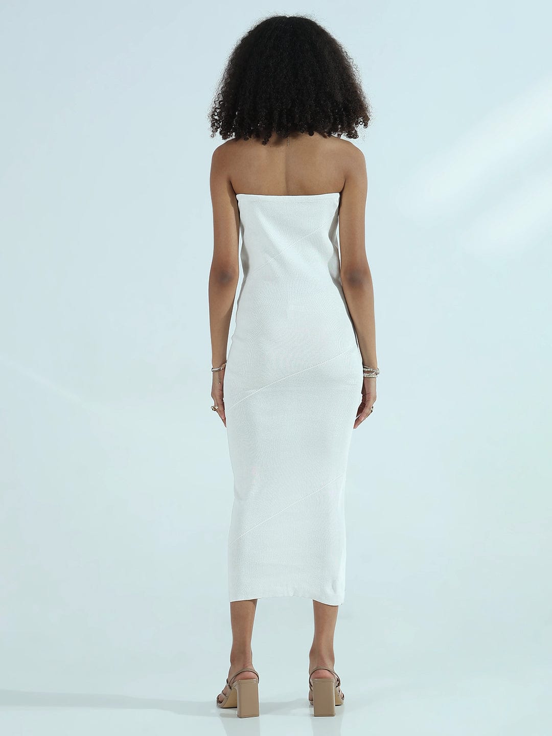 Women's Ribbed White Strapless Bodycon Dress