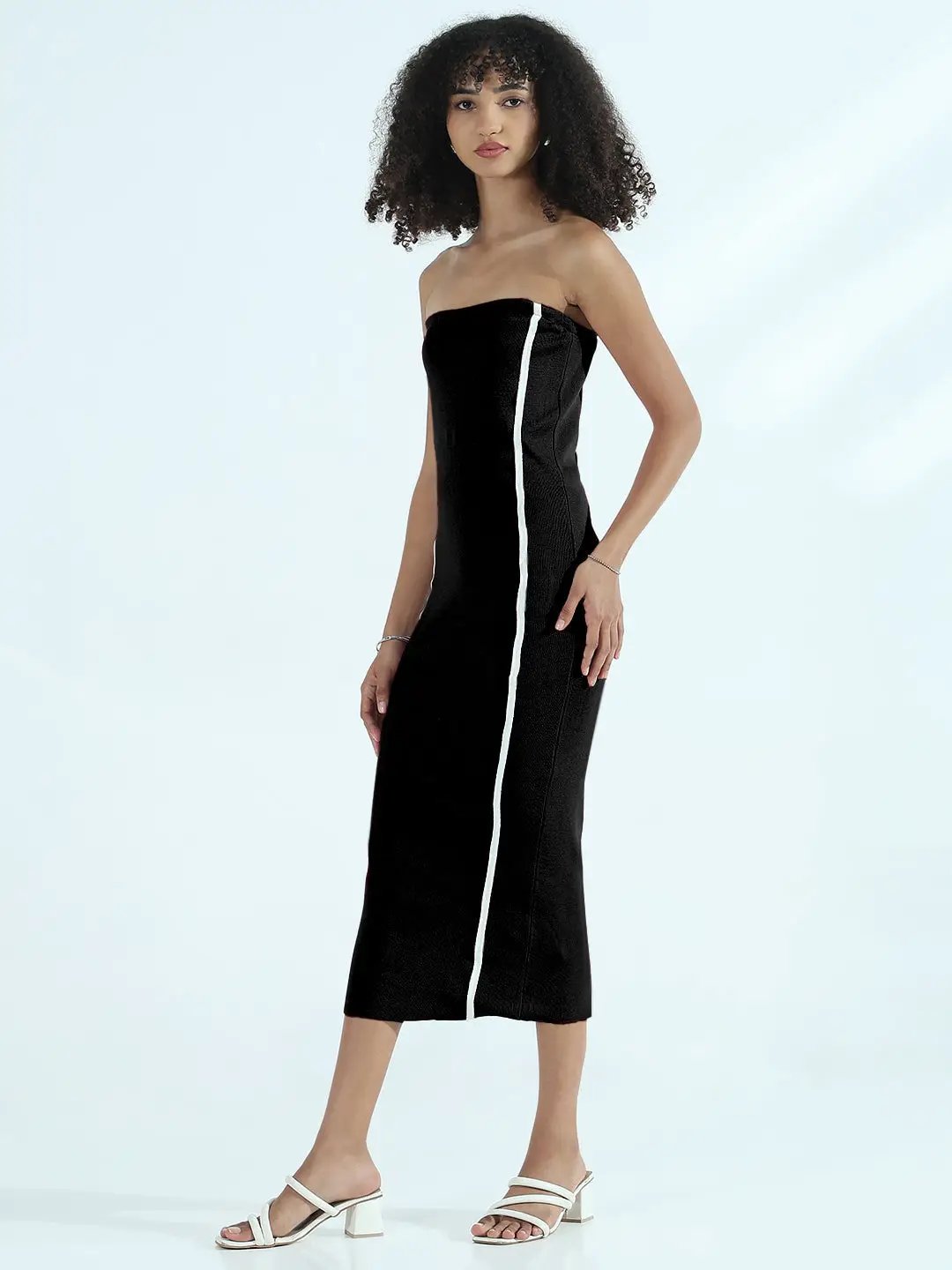 Women's Black Strapless Bodycon Midi Dress with White Side Trim - from SHOWOFFFF