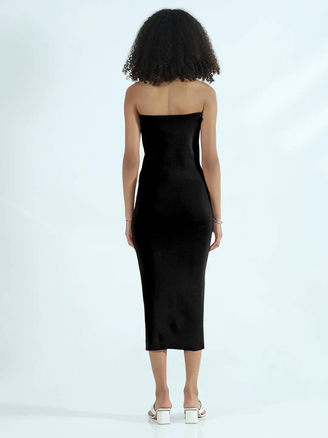 Shop Women's Black Strapless Bodycon Midi Dress with White Side Trim| Showoffff Shop Women's Black Strapless Bodycon Midi Dress with White Side Trim| Showoffff