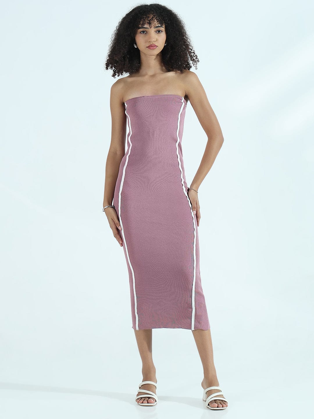 Women's Ribbed Mauve Strapless Bodycon Dress with White Stripes