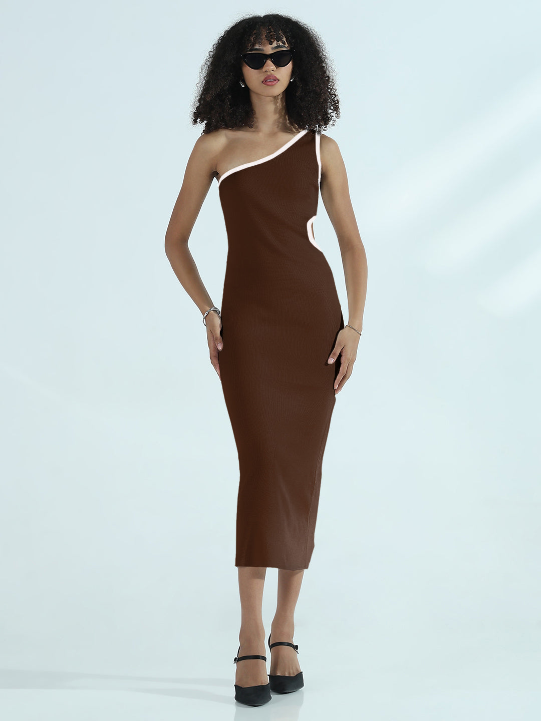 Women's Ribbed Brown One Shoulder Cut-Out Bodycon Dress Women's Ribbed Brown One Shoulder Cut-Out Bodycon Dress