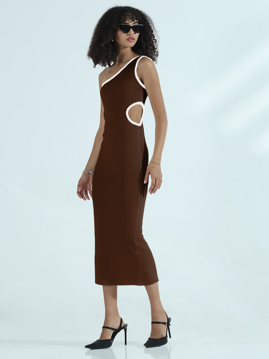 Stylish Women's Ribbed Brown One Shoulder Cut-Out Bodycon Showoffff