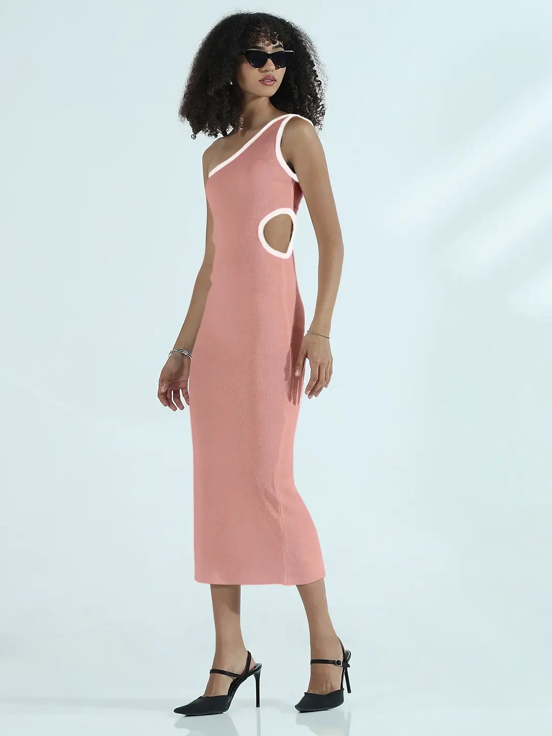 Women's Ribbed Pink One Shoulder Cut-Out Bodycon Dress - from SHOWOFFFF