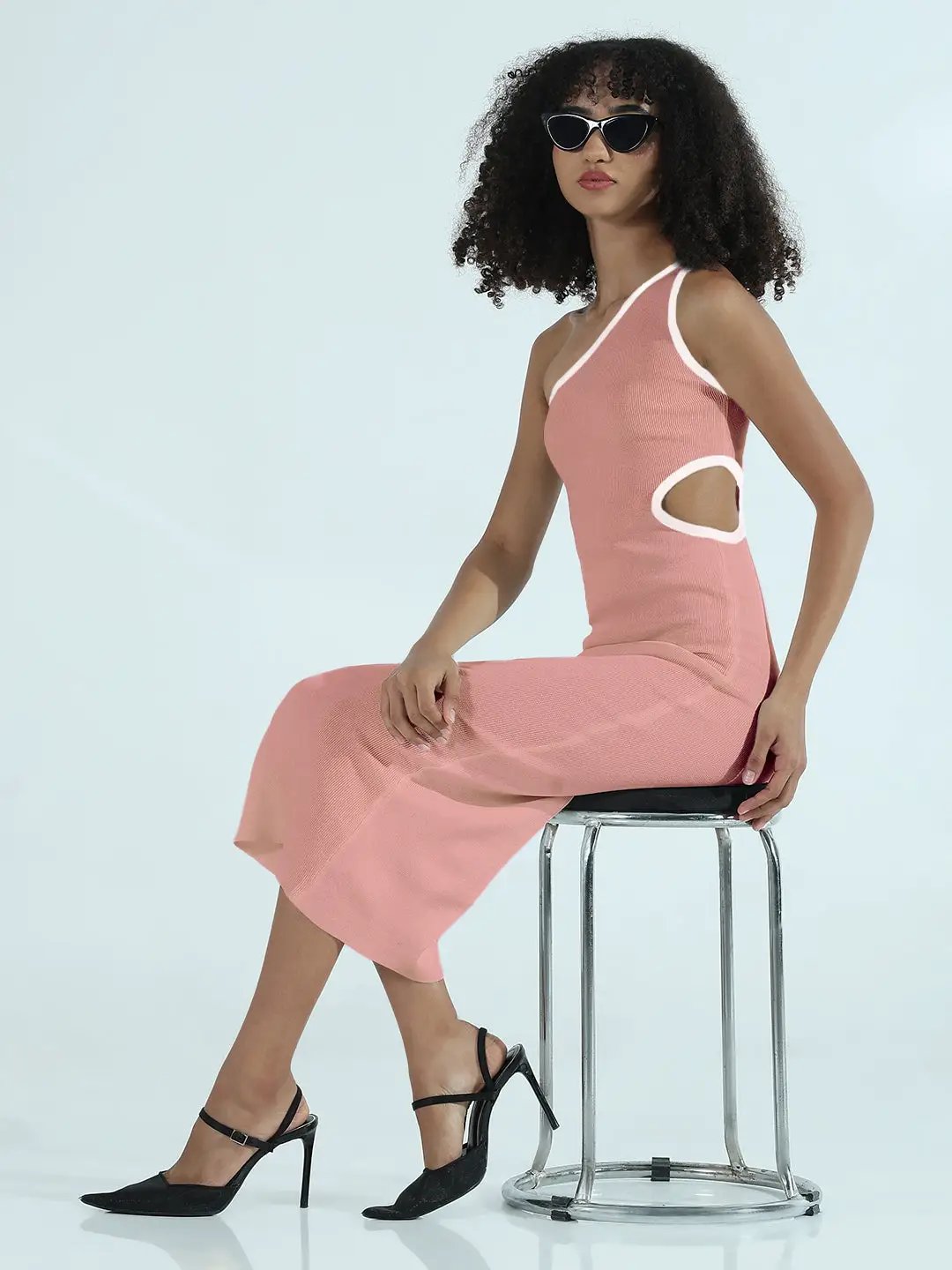 Women's Ribbed Pink One Shoulder Cut-Out Bodycon Dress - from SHOWOFFFF