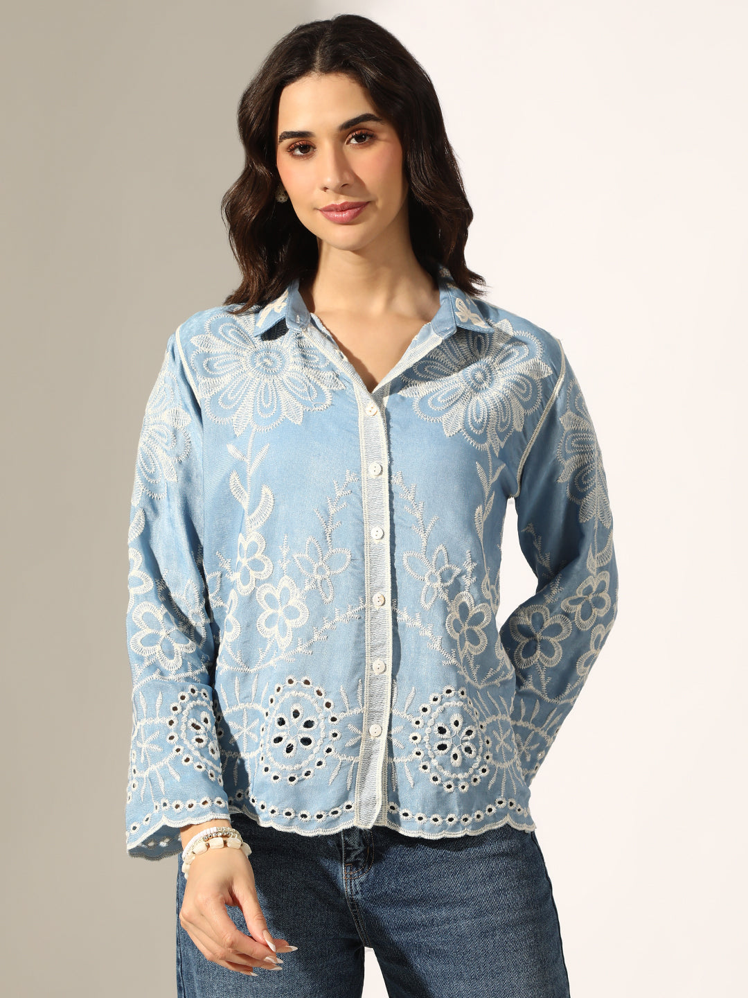 Women's Floral Embroidered Blue Relaxed Fit Button-Down Shirt