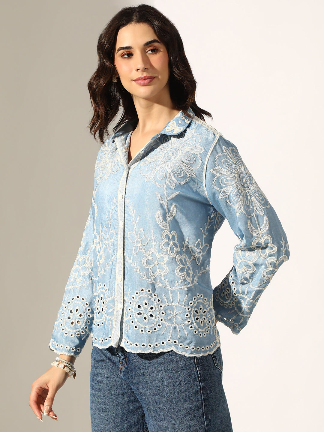 Women's Floral Embroidered Blue Relaxed Fit Button-Down Shirt