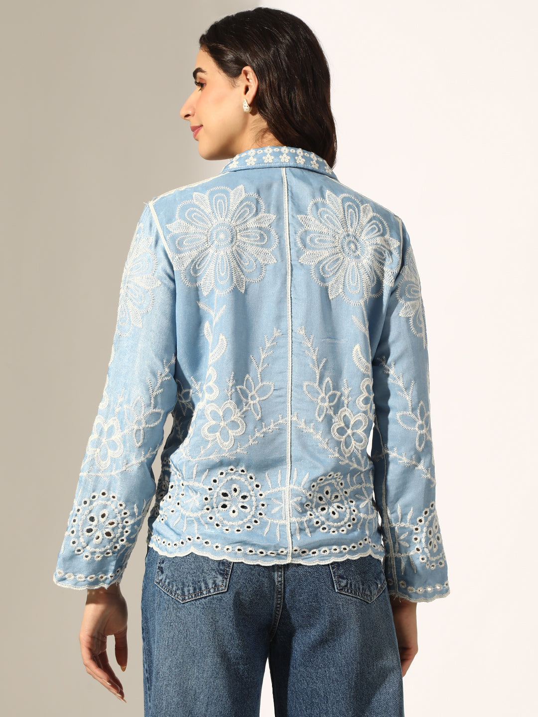 Women's Floral Embroidered Blue Relaxed Fit Button-Down Shirt