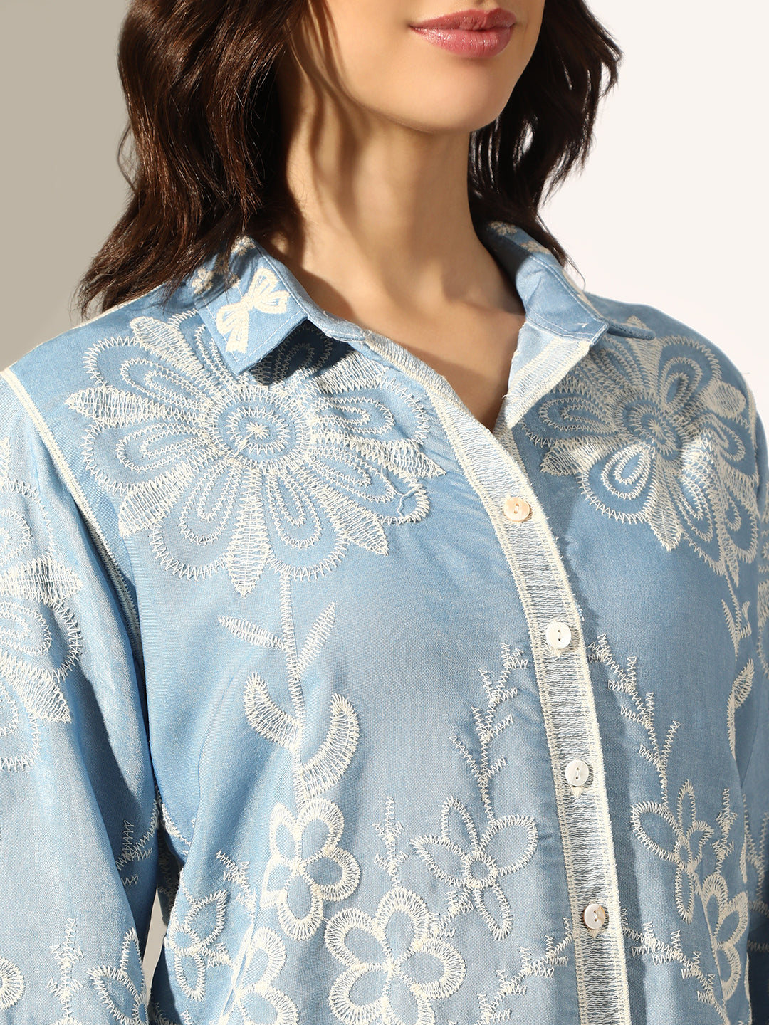 Women's Floral Embroidered Blue Relaxed Fit Button-Down Shirt