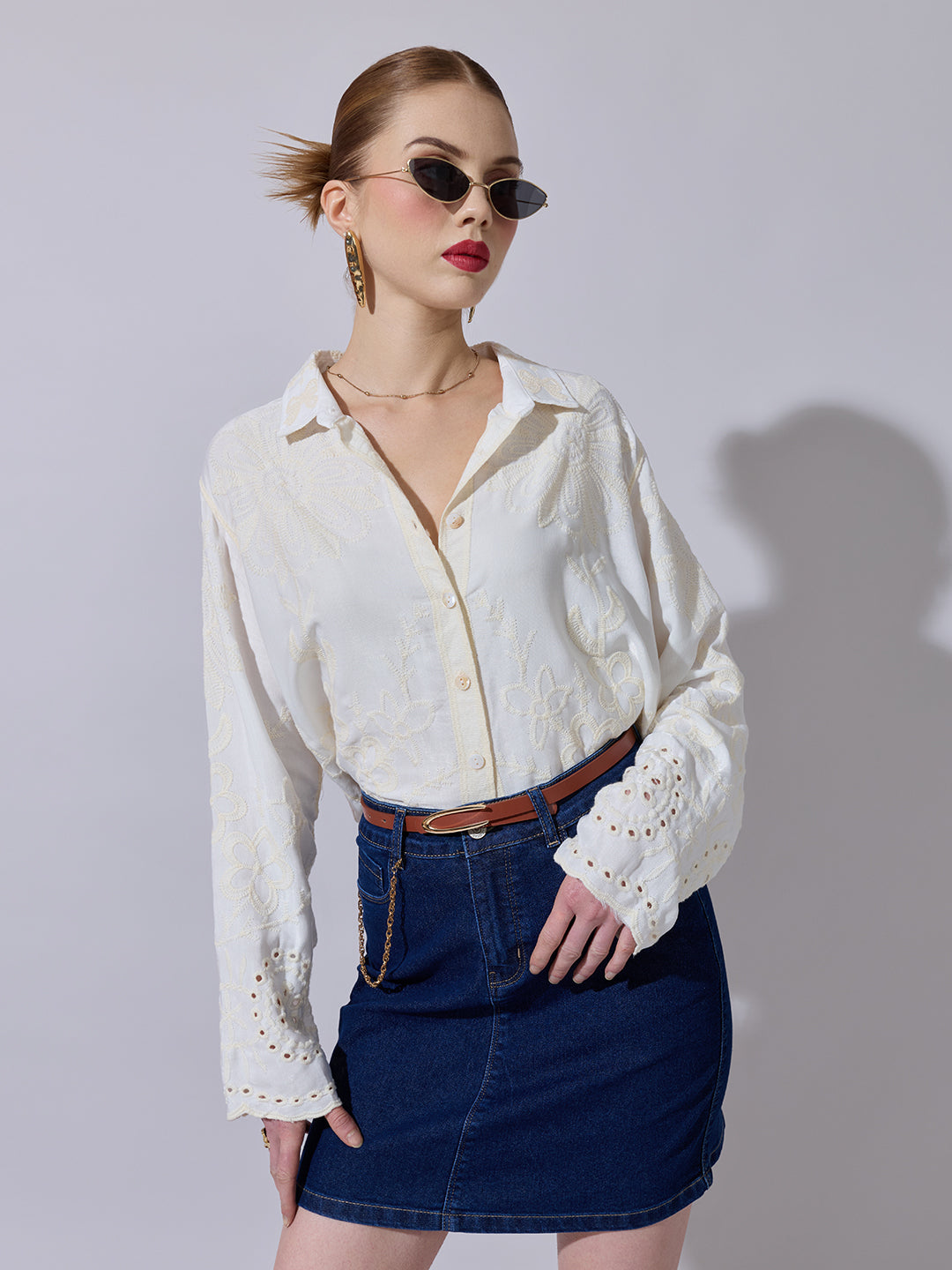 Women's Textured Cream Embroidered Shirt
