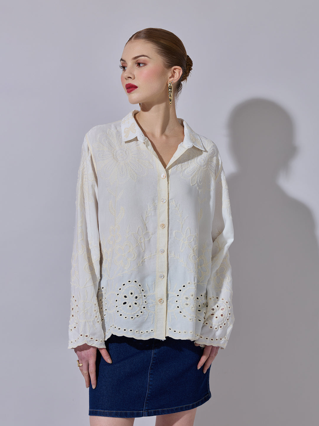 Women's Textured Cream Embroidered Shirt