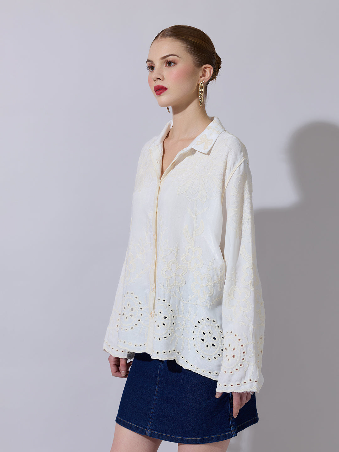 Women's Textured Cream Embroidered Shirt