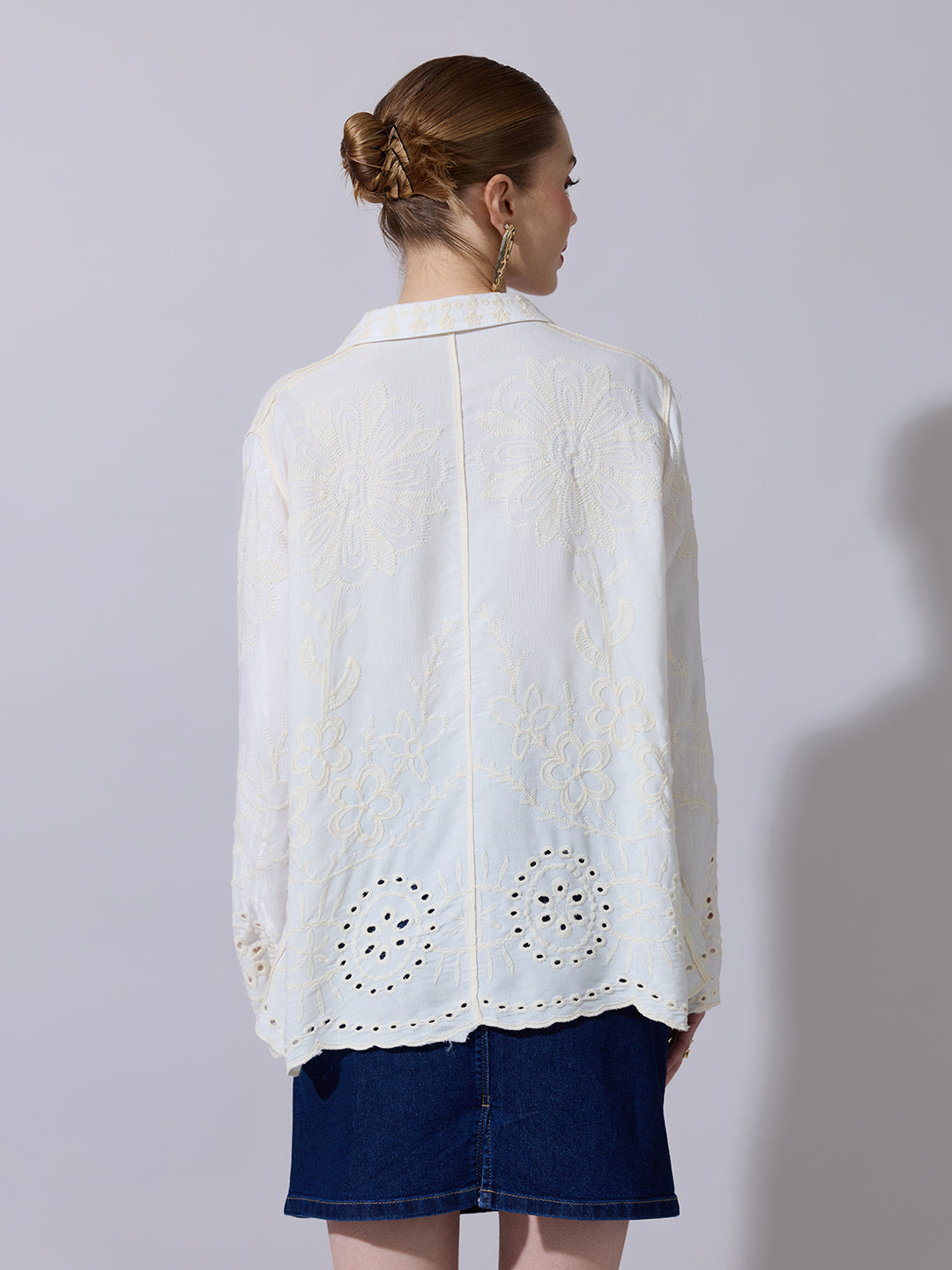 Women's Textured Cream Embroidered Shirt
