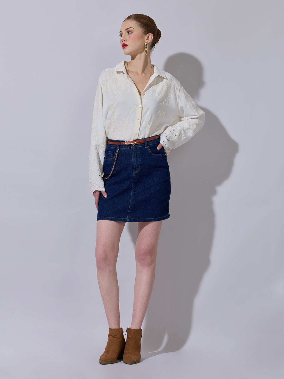 Women's Textured Cream Embroidered Shirt